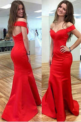 Mermaid Off Shoulder Open Back Long Prom Dresses, Red Prom Dress